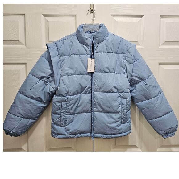 We Wore What Puffer Jacket with Removable Sleeves Oversized Size XS Blue New - Picture 4 of 7
